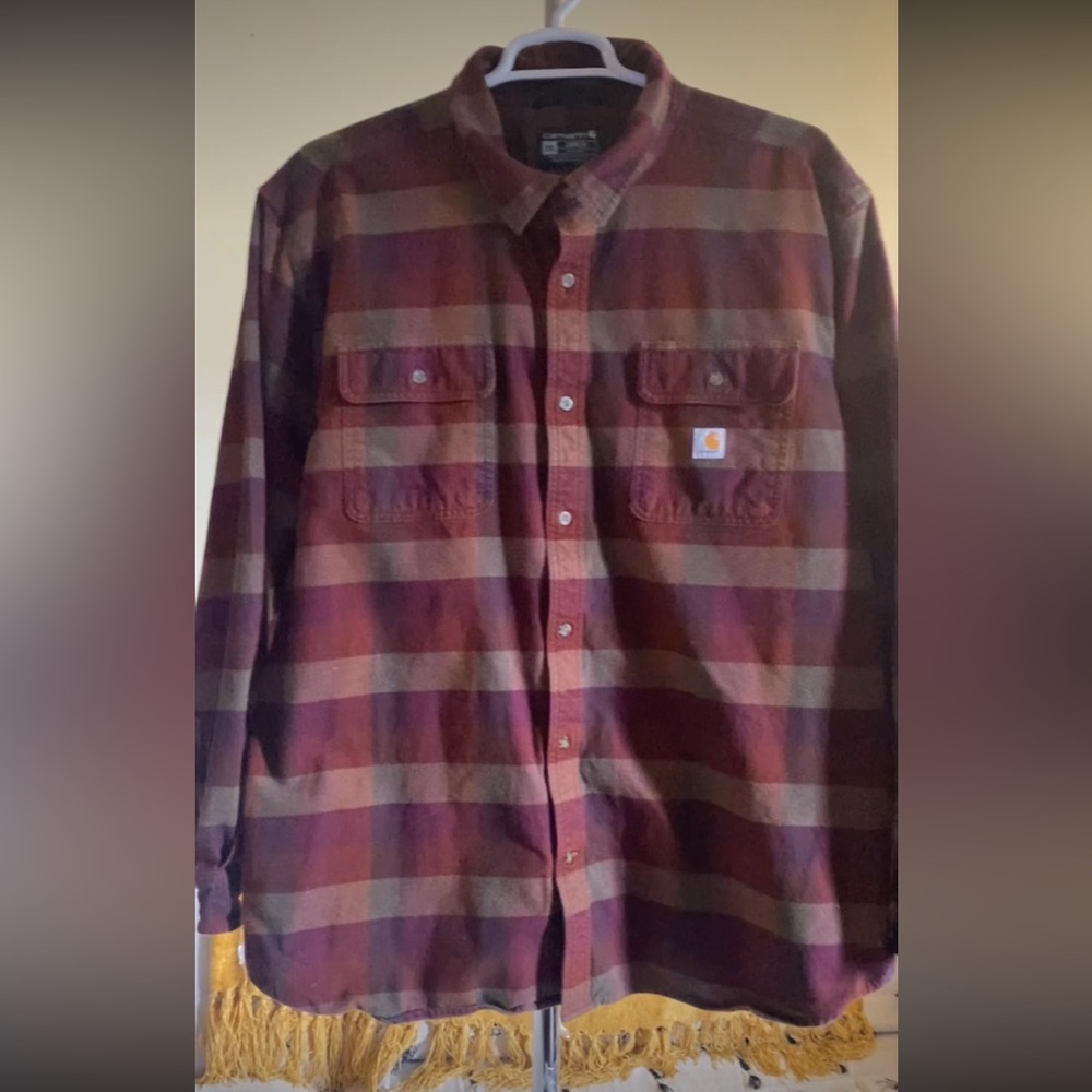 Carhartt Shirt Mens 2XL Flannel Wine Plaid Check Loose Fit Shacket Heavy Cotton